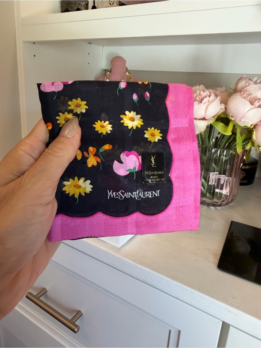 Yves Saint Laurent Pink, Black & Yellow Floral Silk Scarf Kerchief 20 in Sq